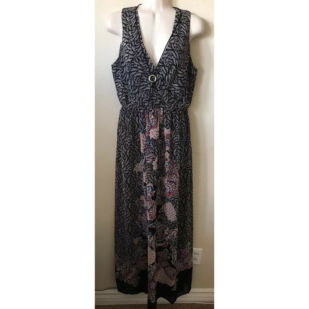 As U Wish Black Floral V Neck Sleeveless Necklace Lined Maxi Dress Size M